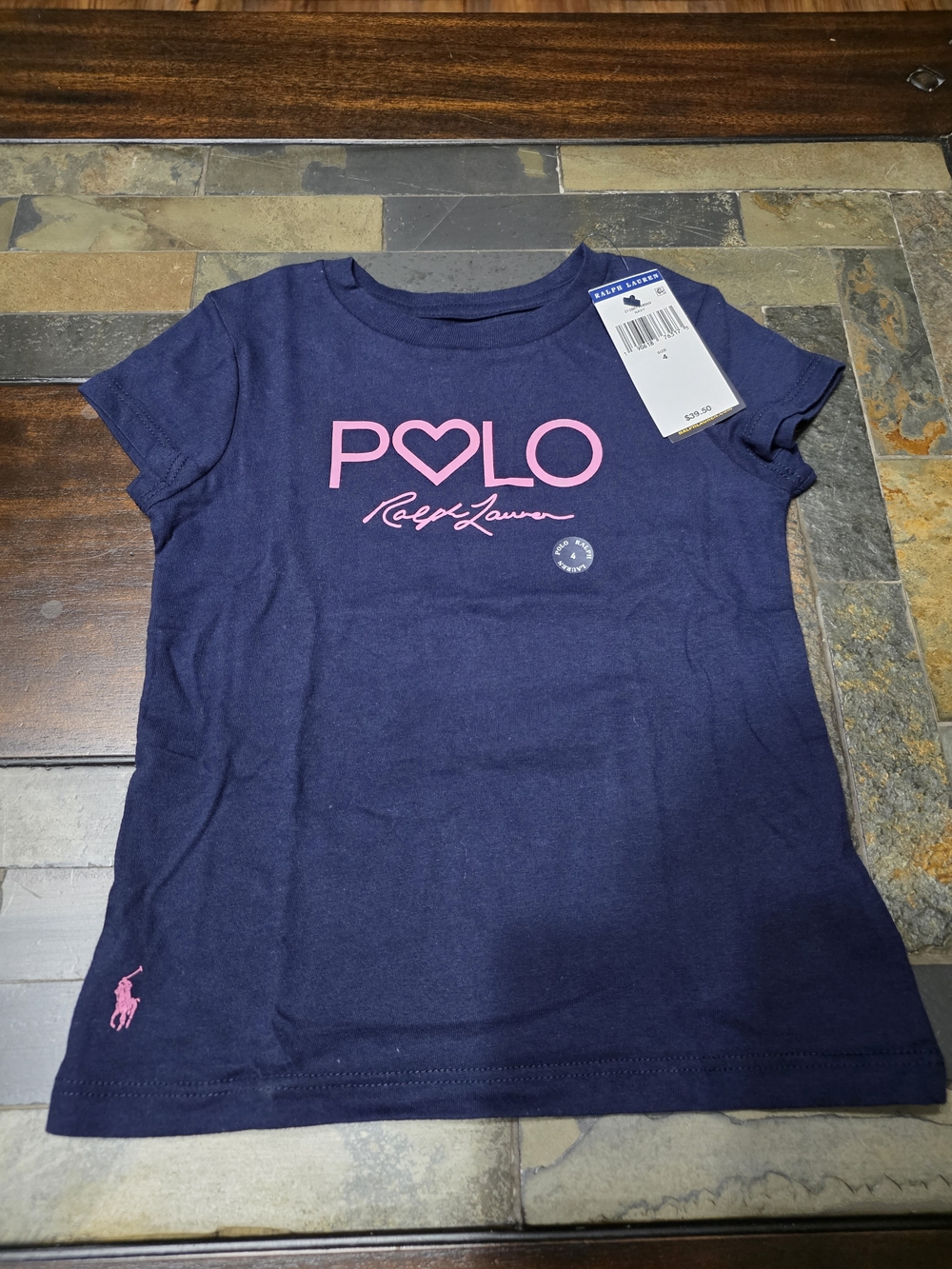 Ralph Lauren Navy Tee with Pink POLO Logo